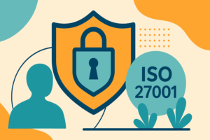 Abstrakte Darstellung eines Informationssicherheitskonzepts mit Schild und Schloss, Symbolen für Schutz und ISO 27001