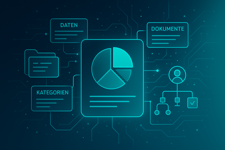 Abstraktes futuristisches Netzwerk mit leuchtenden Daten- und Dokument-Symbolen, das die Struktur einer Kontextanalyse nach ISO 27001 für KMU visualisiert.